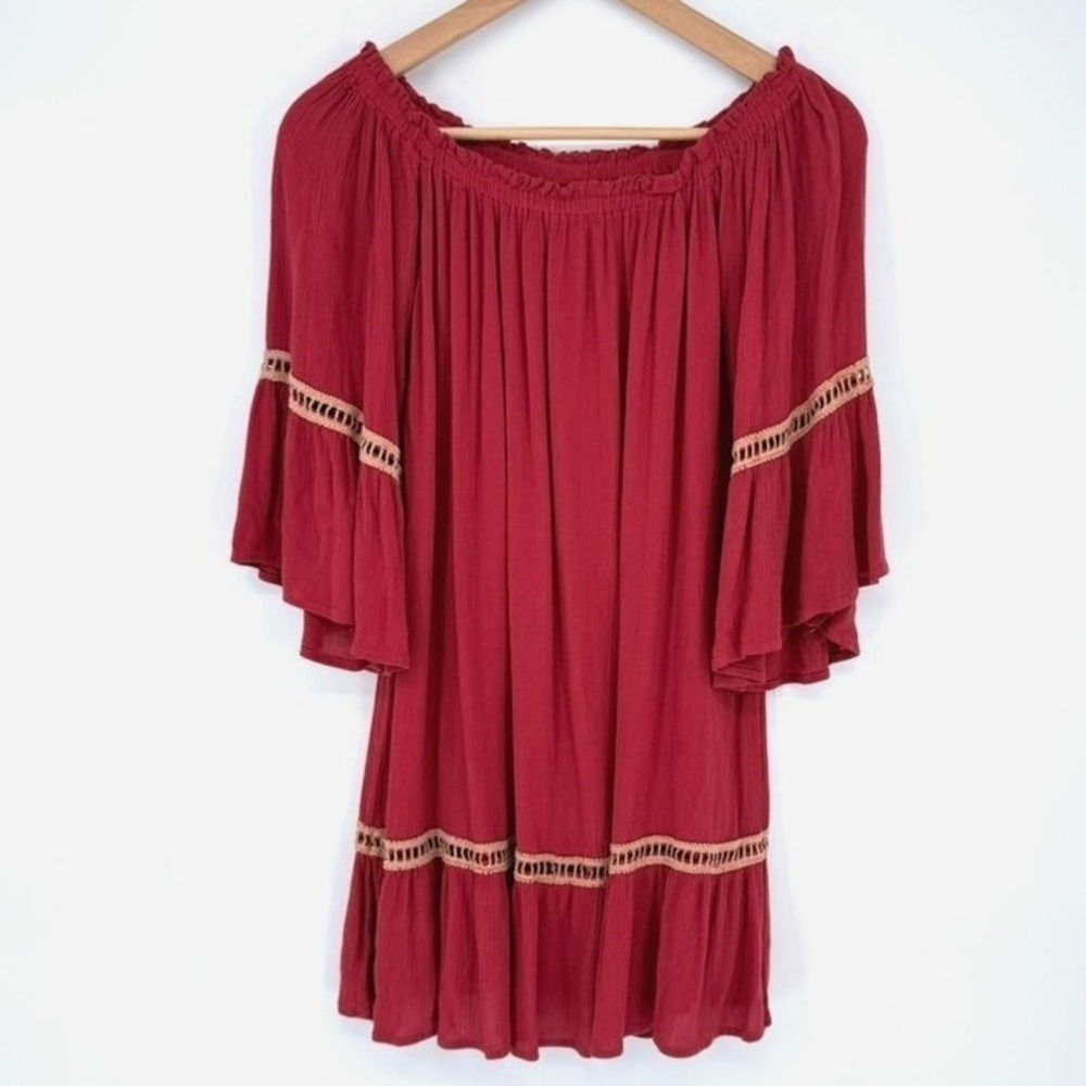 She + Sky Burgundy Off the Shoulder Bell Sleeve Crochet Mini Dress or Top S